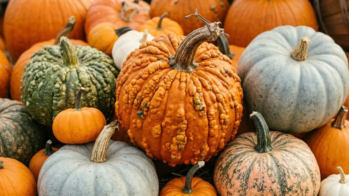Pumpkins Frame TV sign — a close-up harvest photo of orange, blue-gray, and warty heirloom pumpkins and gourds piled together